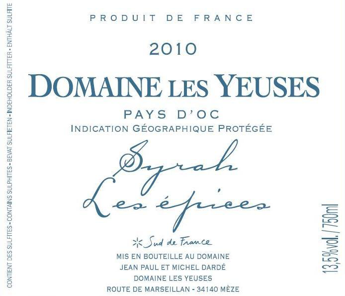 Label Domaine Les Yeuses Syrah Les Epices